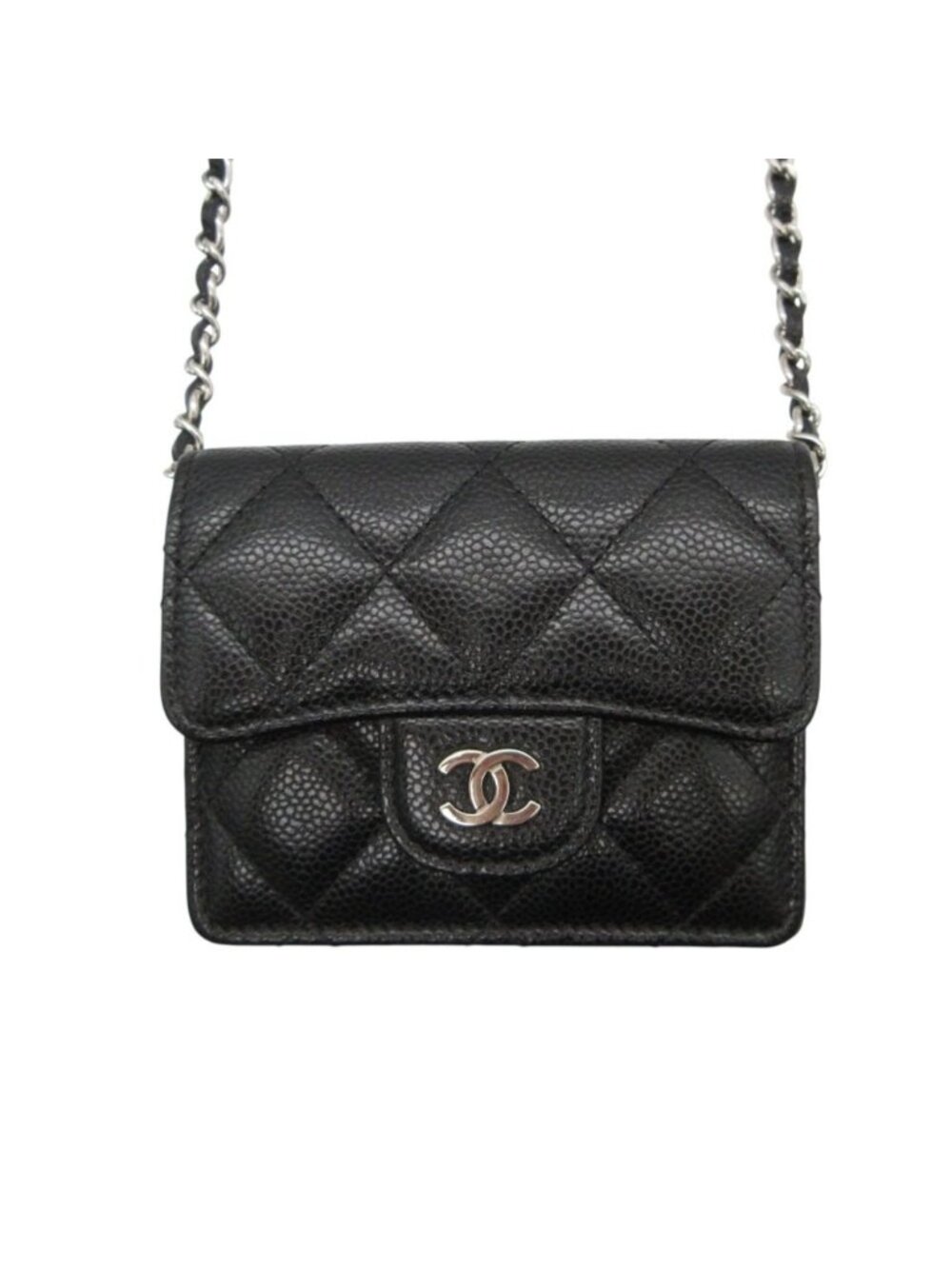 Chanel Shoulder Bag Chain Wallet Pouch Mini Quilted Caviar Leather Black